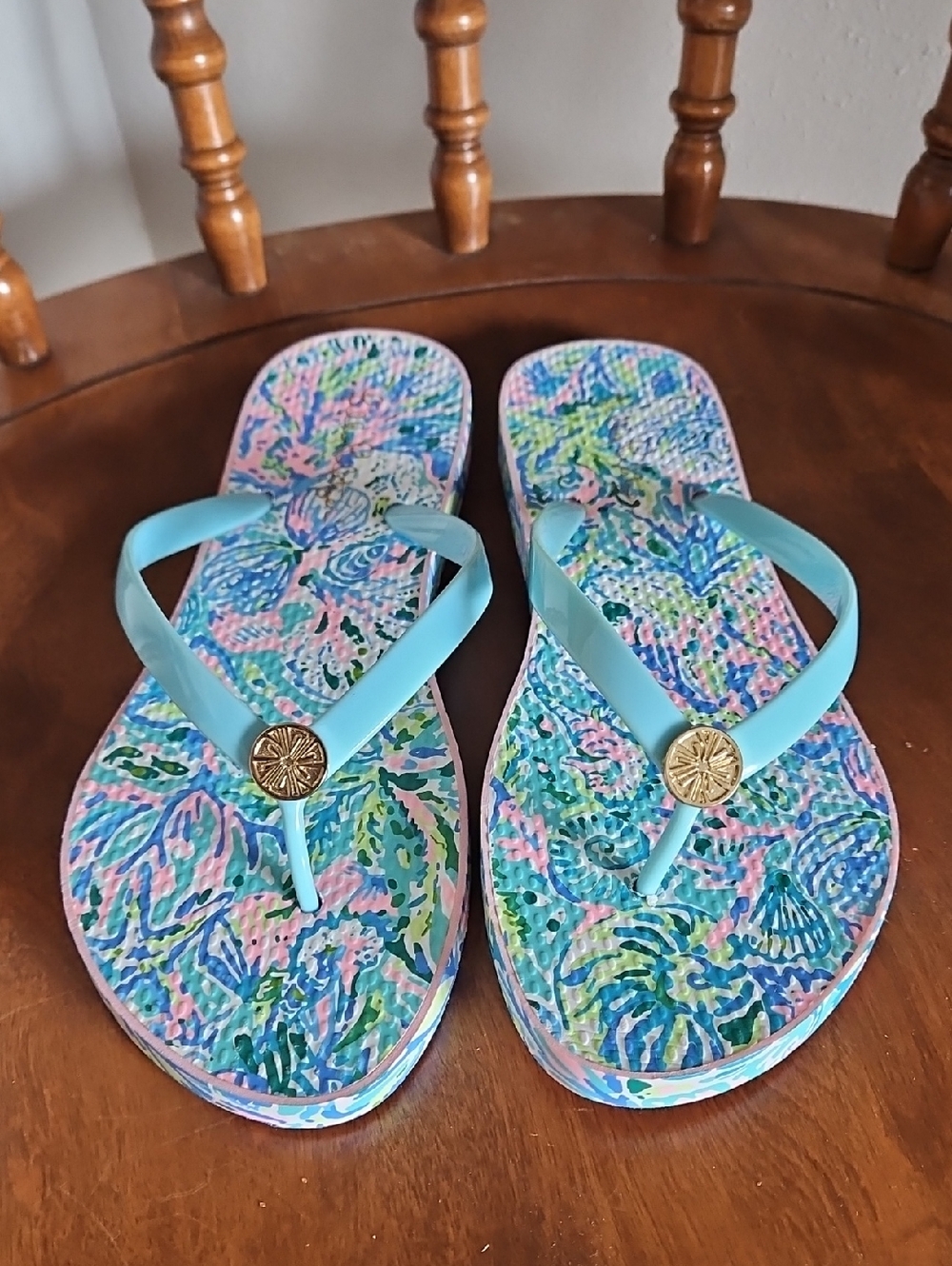 Lilly Pulitzer Multicolor Floral Print Flip Flop Sandals with Aqua Straps